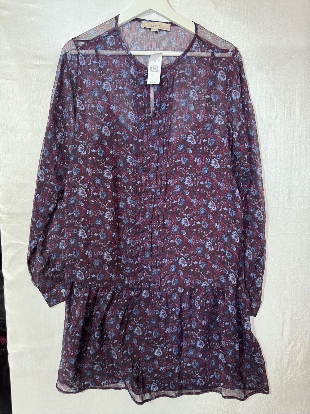 LOFT Plum and Light Blue Floral Long-Sleeve Dress